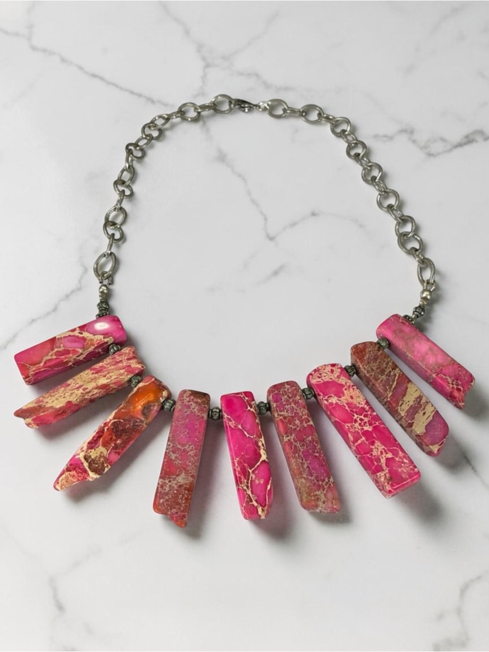 Pink Crystal Agate Point and Rosary Chain Necklace